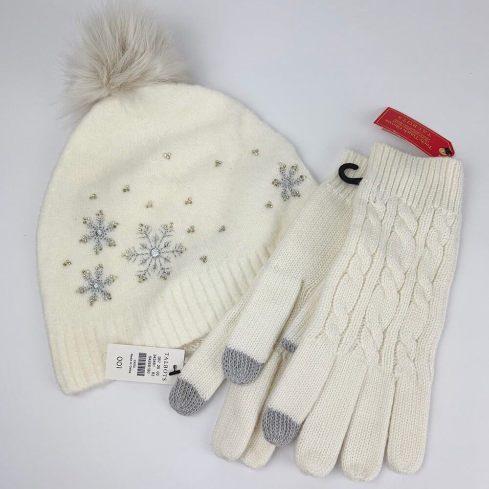 Talbots Hat and Tech Touch Gloves Cream Beaded Embroidered Pom Set Gift